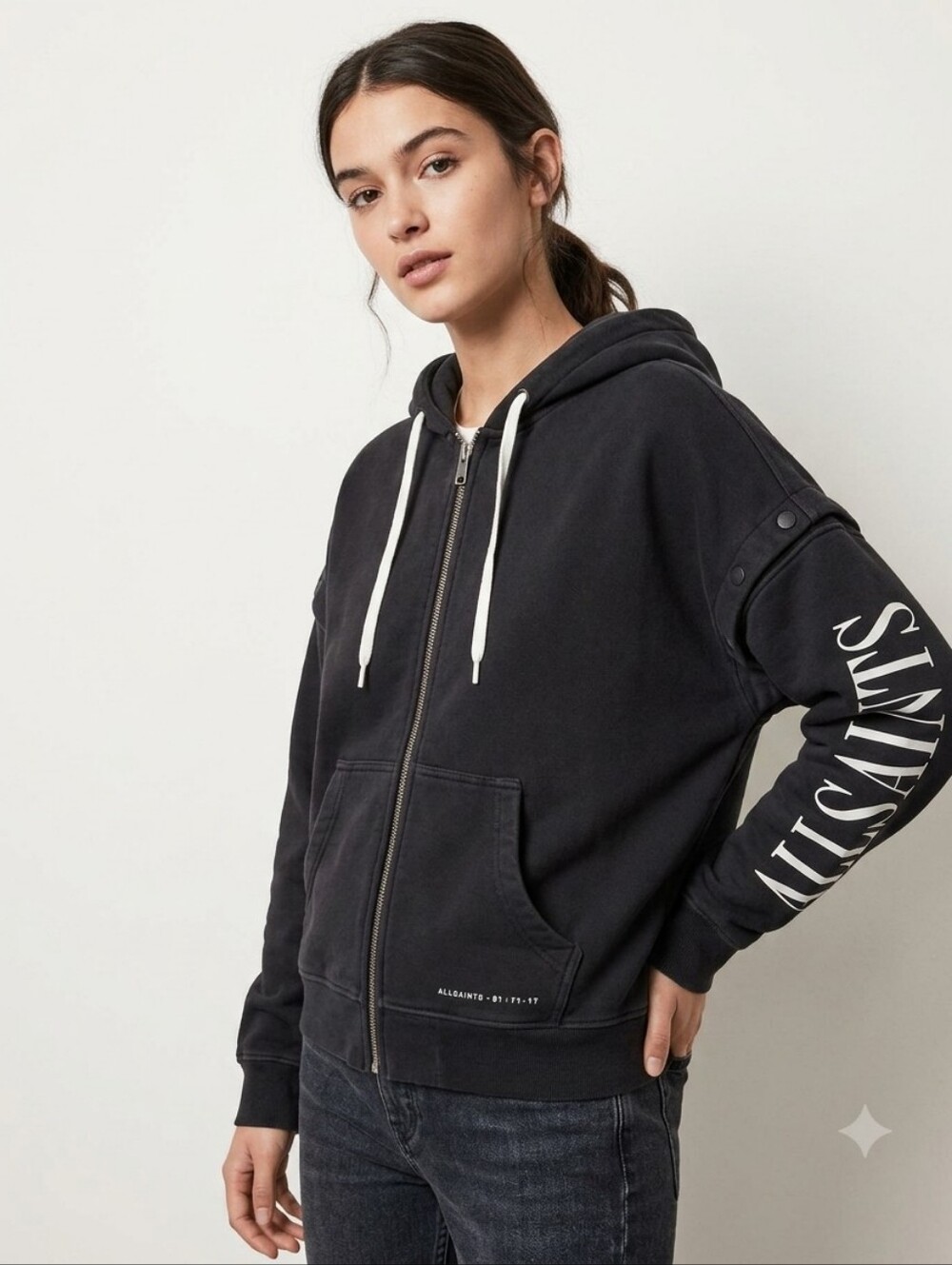 All Saints Womens Black Zip-Up Hoodie Sweater With Snap Off Sleeves Size Snall